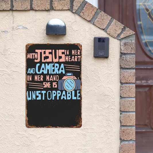 patio wall decor Cool Jesus And A Camera metal signs vintage Cave Home & Outdoor Decoration Vintage Wall Art with Inspirational Quotes & Life Sayings 8X12inch