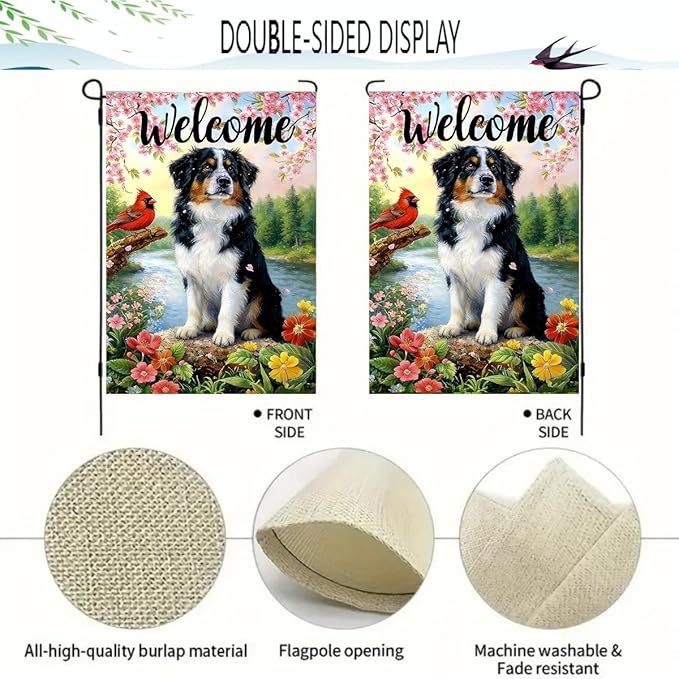Large Spring Summer House Flags 28 x 40 Double Sided, Burlap Australian Shepherd Dog Flowers Spring Summer Flags for Outside, Seasonal Farmhouse Outdoor Yard Décor