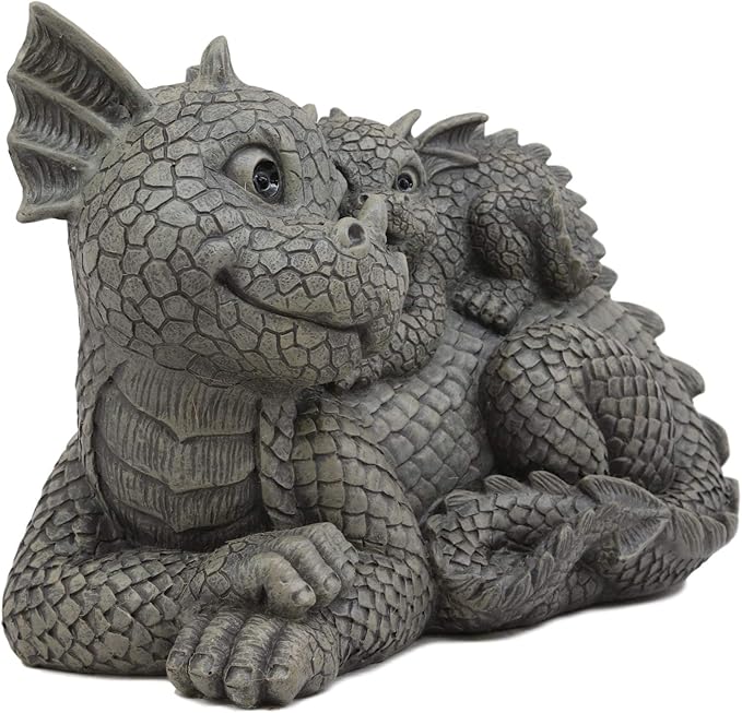 Ebros Whimsical Piggyback Dragon Family Statue 10.25" Long Faux Stone Resin Finish Mother and Baby Animated Dragons Welcome Guest Greeter Decor Figurine