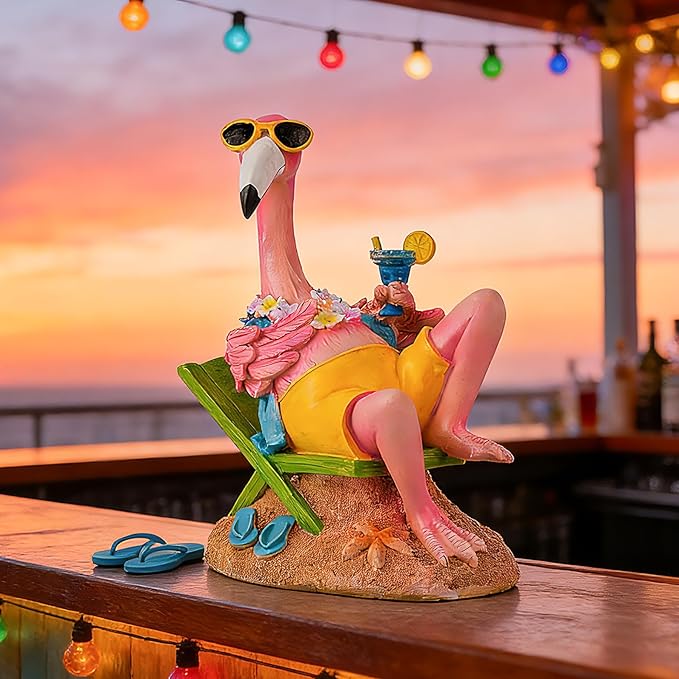 Teaeeno Pink Flamingo Figurines with Beach Chair Resin Bird Sculpture, Large Flamingo Ornaments for Coastal Home Wedding Decor, Housewarming Flamingo Gifts for Lady, Tropical Holiday Decor on Desk