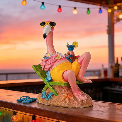 Teaeeno Pink Flamingo Figurines with Beach Chair Resin Bird Sculpture, Large Flamingo Ornaments for Coastal Home Wedding Decor, Housewarming Flamingo Gifts for Lady, Tropical Holiday Decor on Desk