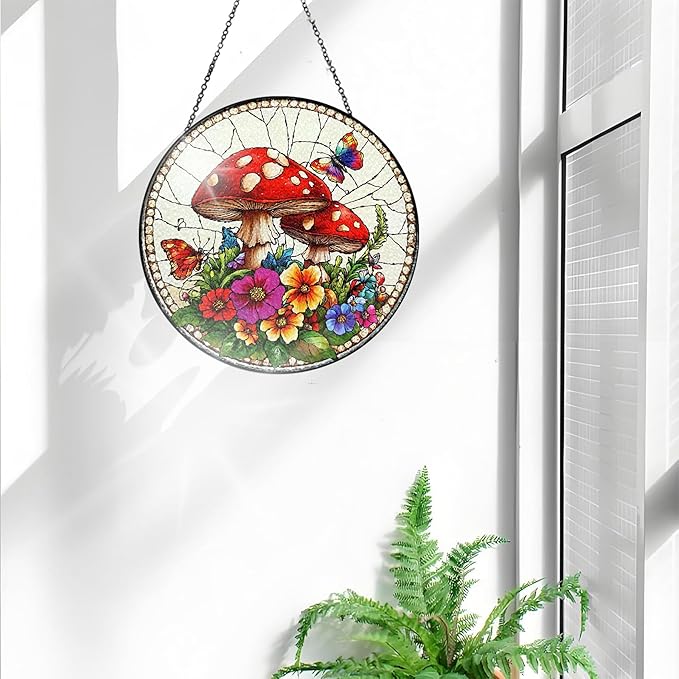 Bimkole Mushroom Stained Glass Suncatcher Window Hanging - Flowers Design for Indoor Window or Doorway Decoration - 7.87x7.87 inch with Chain and Hook - Unique Home Decor Gift