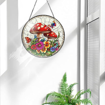 Bimkole Mushroom Stained Glass Suncatcher Window Hanging - Flowers Design for Indoor Window or Doorway Decoration - 7.87x7.87 inch with Chain and Hook - Unique Home Decor Gift