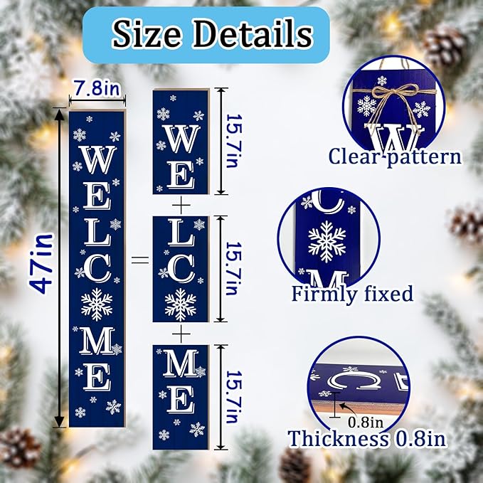 Christmas Porch Sign Xmas Snowflake Welcome Sign Vertical Standing Sign For Front Porch Decor Farmhouse Wall Hanging for Patio Yard Party Indoor Outdoor Winter Holiday Decoration 47.2"H Blue
