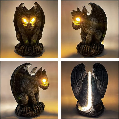 Large Winged Gargoyle Statue with Solar Lights Outdoor Decor, Sitting Gargoyle Monster Dragon Garden Guardian Gothic Creep Scary Sculpture, Patio Yard Lawn Decorations, Valentine's Day Gift
