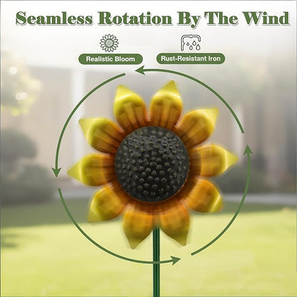 5pcs Sunflowers Yard Wind Spinners Outdoor Decoration Stakes Lawn Ornaments, Lawn Decorations Garden Stakes, Metal Outside Decorations for Metal Yard Art Flower Garden Decor, Sunflower Gift for Women