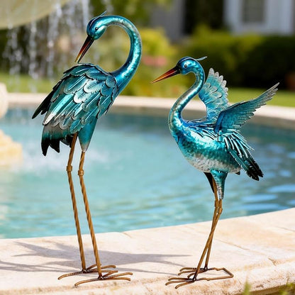 Ratuor Garden Crane Statues for Outdoor Blue Heron Metal Birds Yard Art Ornaments for Backyard Pond Patio Porch Outside Decorations
