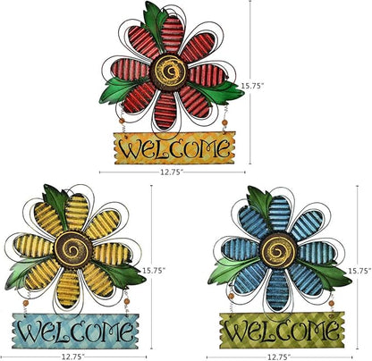 Hanging Welcome Sign Metal Flower Signs Wreath Decor Decorative Door Hanger Indoor Outdoor Spring Decoration for Porch Wall Front Door (Set)