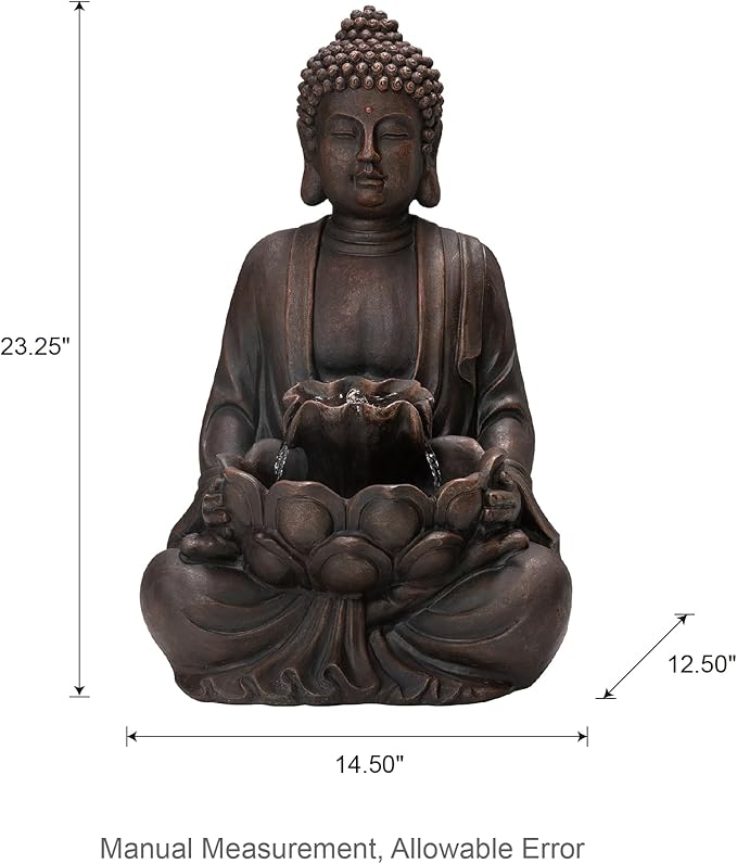Glitzhome Buddha Statue 23" H, Outdoor Buddha Statue Zen Style Buddha Fountian with LED Light & Pump Polyresin Outdoor Floor Freestanding Fountain Garden Buddha Sculptures & Statues Lawn Décor