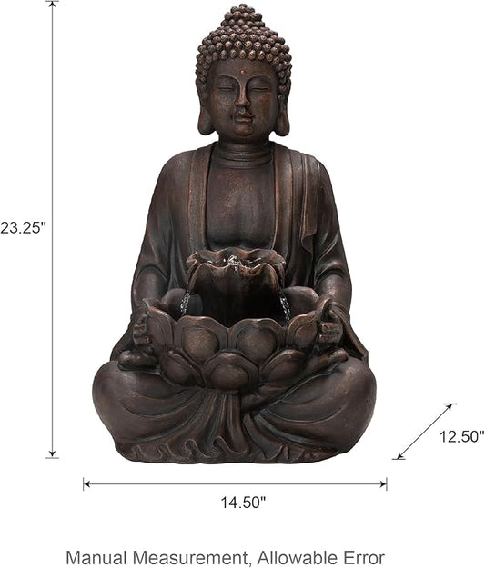 Glitzhome Buddha Statue 23" H, Outdoor Buddha Statue Zen Style Buddha Fountian with LED Light & Pump Polyresin Outdoor Floor Freestanding Fountain Garden Buddha Sculptures & Statues Lawn Décor