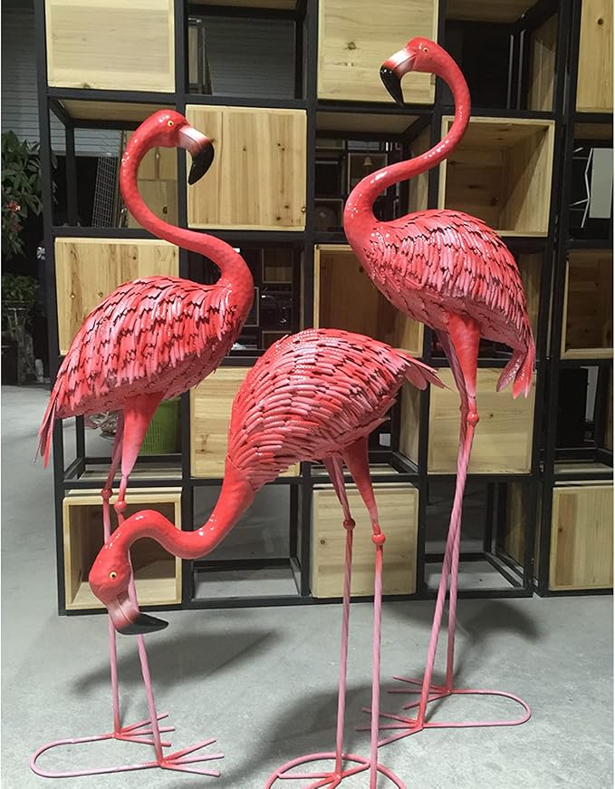 DreamsEden Large Flamingo Garden Statues Set of 3, Outdoor Metal Flamingo Sculptures Yard Art for Lawn Patio Decor, Pink Red Bird Ornaments (47.6 x 42.5 x 26.9 Inch)