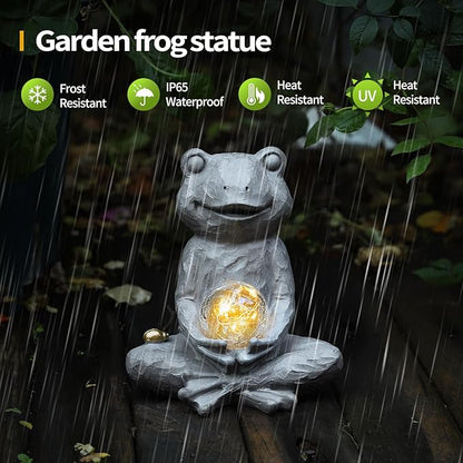 Zen Solar Frog Garden Statue with Crackle Glass Light, Meditation Outdoor Decor, Waterproof Solar Garden Accent, 8.7"