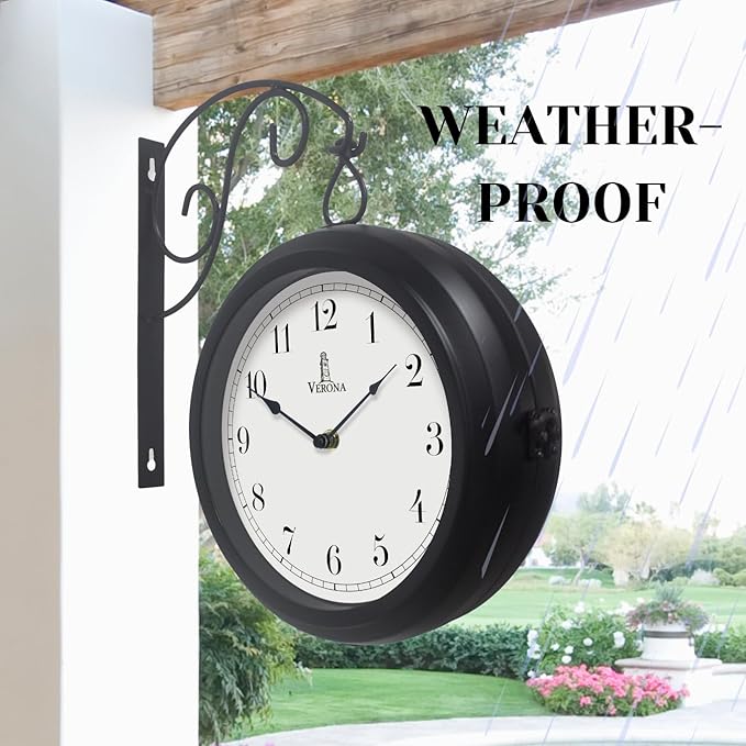 Large Metal Double Sided Wall Clock 13.4" - Decorative Indoor Outdoor Double Sided Clock - Easy to Read, Hanging Train Station Style for Patio, Garden, Office - Antique Style Outside Corner Wall Decor