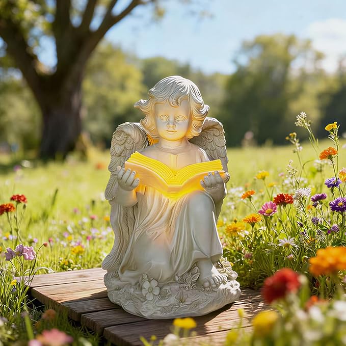 Garden Angel Statues for Outside, Solar Angel for Garden with Bible & Cemetery Decorations for Grave, Angel Figurines for Yard Patio Decor & Lawn Ornaments, Gifts for Mom Grandma Women