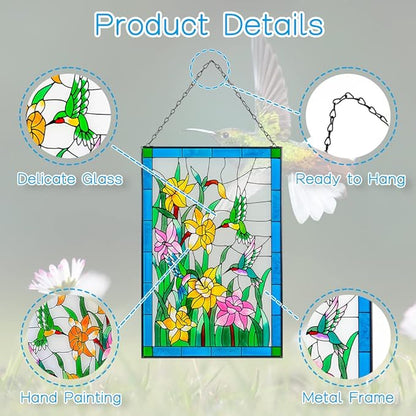Viveta Hummingbird Stained Glass Window Hanging, Birds and Flowers Suncatcher for Window, Hummingbird Stained Glass Panel Hanging Ornament(Rectangular 10 * 15")