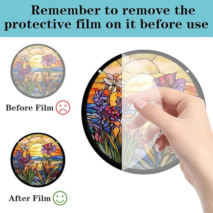 CREATCABIN Flower Window Suncatchers Acrylic Stain Glass Window Hanging 9.8 Inch Round Wildflowers Sun Catcher Panels with Metal Chain for Indoor Outdoor Home Garden Ornaments Christmas Decor