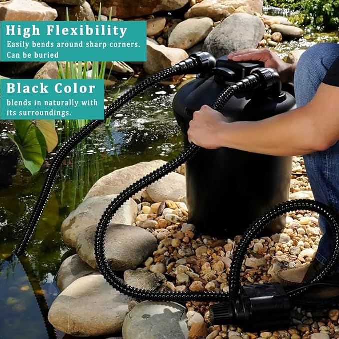 Pond Tubing ID 1/2” × 20ft Black Corrugated Flexible Reinforced Waterfall Pond Tube Sump Pump Hose, Non-toxic & Kinkproof (20 ft, 1/2" ID)