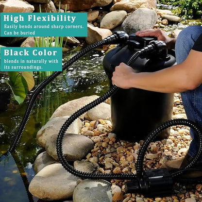 Pond Hose ID 1/2” × 10ft Black Corrugated Flexible Reinforced PVC Hose Vinyl Tubing for Pond Pump Fountain Garden Waterfall, Non-toxic & Kinkproof, with 2 clamps