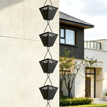 Square Rain Chains for Gutters Outside Black Powder Coated Downspouts Rain Catcher Diverter Metal Outdoor Decorative, 8.5 FT, w/V Gutter Clip for Rain Chains
