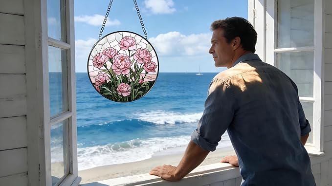 Stained Glass Window Hanging - Blooming Pink Peonies 6.3 Inches Suncatcher for Garden Home Decor for Women Mon Grandma Friends