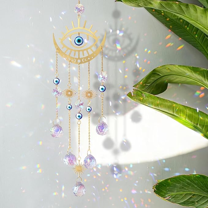 DEMIUKO Crystal Suncatcher, Suncatchers for Windows Hanging Evil Eye SunCatcher with Crystals Prism Rainbow Maker Outdoor Indoor Decor for Birthday Thanks Giving Christmas Home Garden Decor (Evil Eye)