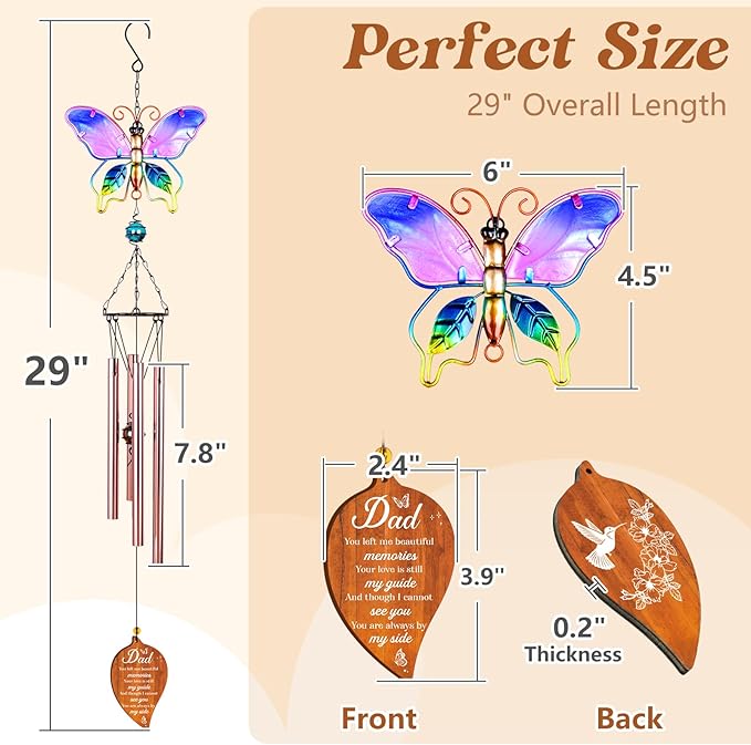 Butterfly Memorial Wind Chimes,Memorial Gifts for Loss of Dad,Loss of Father Sympathy Gifts,Bereavement Gift Ideas,Windchimes Outdoors,Healing Comfort Home Décor