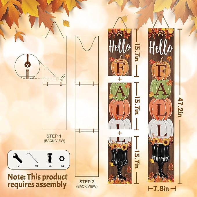 Fall Porch Sign, Hello Pumkpkin Sign for Front Porch, 3 Pumpkins Wooden Sign Yard, Vertical Wood Sign Standing for Patio Front Door Porch, Autumn Home Party Entryway Yard Wall Decor Indoor Outdoor, 47x8 inch