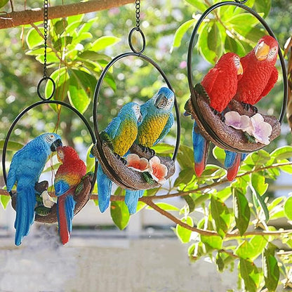 Mini Garden Statues Hanging Iron Ring Parrots, Resin Parrot Hanging Statue, Hanging Birds Figurine for Pathways Yard Patio Office Home Indoor Outdoor Tree Decorations (B-2)