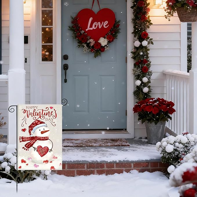 Happy Valentine’s Day Garden Flags 12x18 Inch Double Sided, Watercolor Snowman Small Seasonal Decoration for Holiday Anniversary Wedding Yard Outside Outdoor