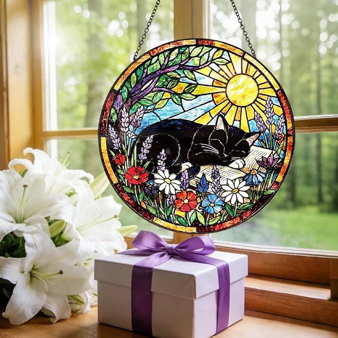 Stained Glass Window Hanging – Cat & Book Lover Gifts for Women Men, Sleeping Cat Suncatcher, Glass Ornament for Reading Room Home Garden Decor, Christmas Mother's Day Birthday Gifts, 8 Inch