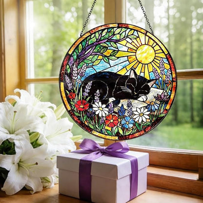 Stained Glass Window Hanging – Cat & Book Lover Gifts for Women Men, Sleeping Cat Suncatcher, Glass Ornament for Reading Room Home Garden Decor, Christmas Mother's Day Birthday Gifts, 8 Inch