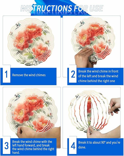 Stainless Steel Wind Spinner for Yard Garden Decoration, Vintage Watercolor Red Hibiscus Leaves Bird Round Wind Sculpture Spinner 3D Crafts Hanging Ornaments for Indoor Outdoor 8 Inch
