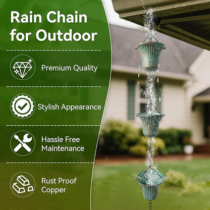 Rain Chains for Outside, 8.7FT Gutter Chain with 12 Bell Cups Rain Catcher Chain Replacement Downspout for Gutters Eaves Drainage Decor, Bronze