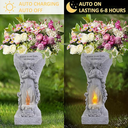 Cemetery Commemorative Gift - Garden Angel Statue with Solar Lights and Vases, Prayer Angel Vase,Angel Garden Statues Outdoor Decor, Tomb Cemetery Decoration