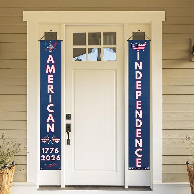 250th Independence Anniversary Banner Set, Vertical Patriotic Hanging Banners, Red White Blue, Polyester, 30 x 180cm, 4th of July Decorations, Wall Porch Door Decor, 1776-2026