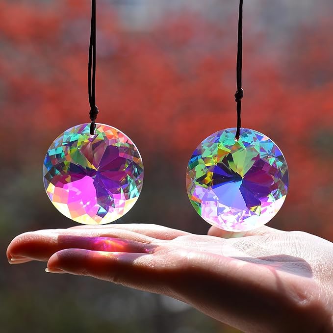 2PCS Circle Crystal Sun Catcher Prisms, stino Hanging Suncatchers with Glass Prism, Rainbow Maker for Windows, Balcony, Kitchen, Garden Decoration (1, Circle ABColor 2Pcs)