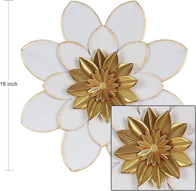 hogardeck Metal Flower Wall Decor, 16" White Gold Floral Metal Wall Art for Indoor Outdoor, Boho Farmhouse Modern Wall Decor for Bathroom, Living Room, Kitchen, Bedroom, Porch, Garden, Yard