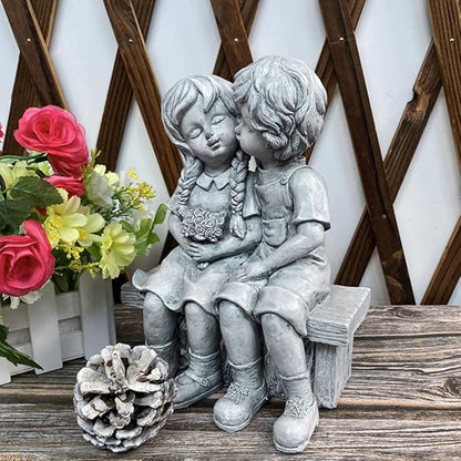 Yardwe Resin Kissing Figurines Outdoor Garden Statue Boy and Girl Couple Sculpture Table Decor for Patio Lawn and Home Decoration