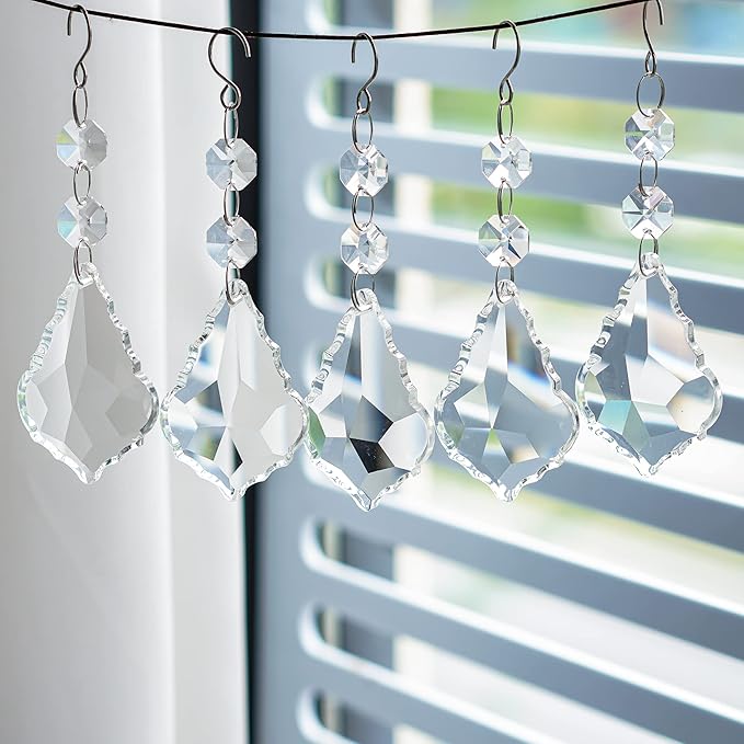 Pack of 20 Clear Crystal Maple Leaf Chandelier Prisms Suncatcher Pendants Hanging Connected Glass Octagon Beads for Chandelier Christmas Tree Decor(63mm)