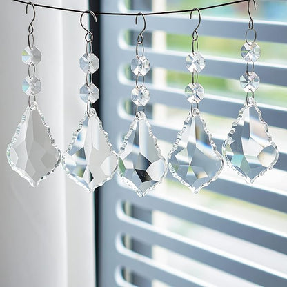Pack of 20 Clear Crystal Maple Leaf Chandelier Prisms Suncatcher Pendants Hanging Connected Glass Octagon Beads for Chandelier Christmas Tree Decor(63mm)