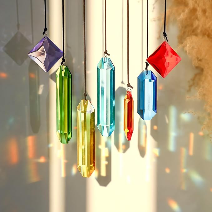 7PCS Crystal Prism Suncatchers Set Rainbow Window Hanging Decor with Hanging Hooks for Home Garden