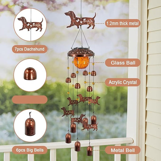 Dachshund Solar Wind Chimes for Outside,Metal Dog WindChimes with Cracked Glass Lights,Hanging Solar Lights Outdoor,Yard,Patio,Garden,Porch Decor