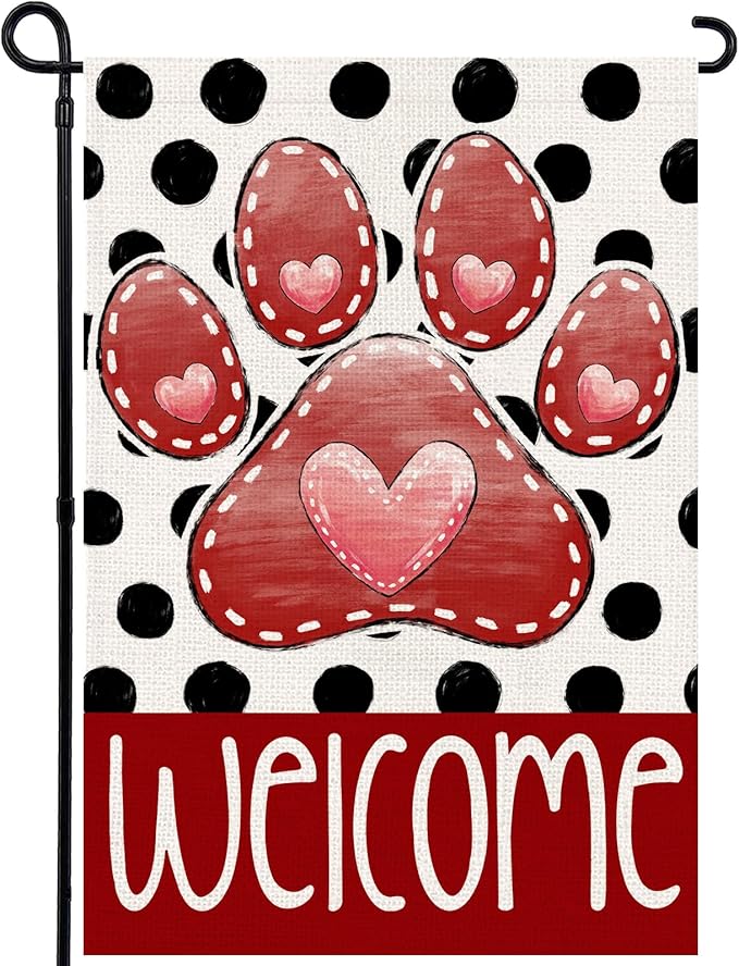 Valentines Garden Flag 12x18 Inch, Paw Print Heart Double Sided Flag for Anniversary Wedding Yard Outdoor Decoration