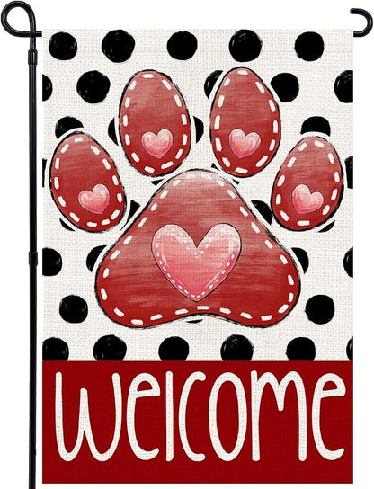 Valentines Garden Flag 12x18 Inch, Paw Print Heart Double Sided Flag for Anniversary Wedding Yard Outdoor Decoration