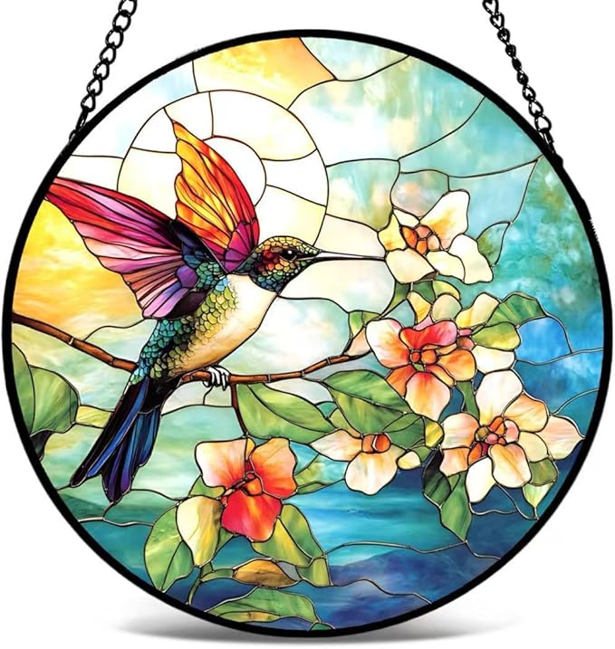 Stained Glass Window Hanging - Colorful Hummingbird Stand on Branches Covered in Flowers 6.3 Inches Suncatcher for Garden Home Decor for Women Mon Grandma Friends