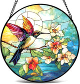 Stained Glass Window Hanging - Colorful Hummingbird Stand on Branches Covered in Flowers 6.3 Inches Suncatcher for Garden Home Decor for Women Mon Grandma Friends