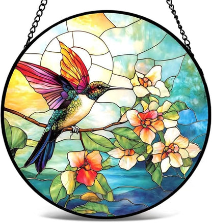 Stained Glass Window Hanging - Colorful Hummingbird Stand on Branches Covered in Flowers 6.3 Inches Suncatcher for Garden Home Decor for Women Mon Grandma Friends