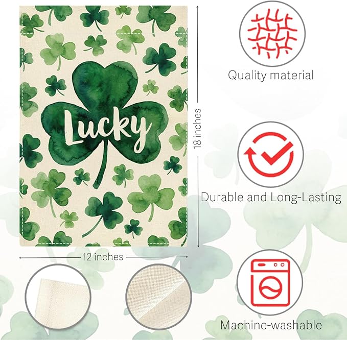 St Patricks Day Lucky Shamrock Garden Flag Irish March Garden Flag Happy St Patricks Day Double Sided Outdoor House Flag for Outside Yard Decorations 12×18 Inch