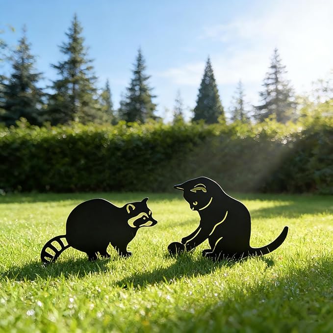 Decorative Garden Stakes for Outside,Metal Animal Silhouette Yard Art Set of 2,Cat & Raccoon Garden Decor for Garden, Lawn, Patio, Cute Outdoor Lawn Ornaments Animal Silhouette Statues