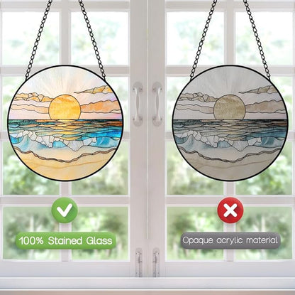 Beach Sunset Suncatcher Stained Glass Window Hanging - 8″ Handmade Ocean Suncatchers for Windows Hanging - Coastal Decor Sun Catchers Diamond Sea Glass Ornaments - Birthday Gifts for Women Mom Lovers